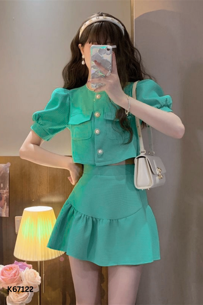 SET Áo xanh tay phồng cúc ngọc + chân váy