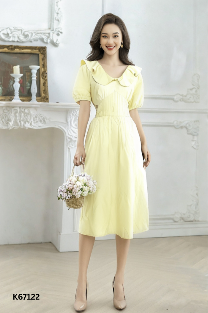 Váy xanh bơ tay phồng ly eo