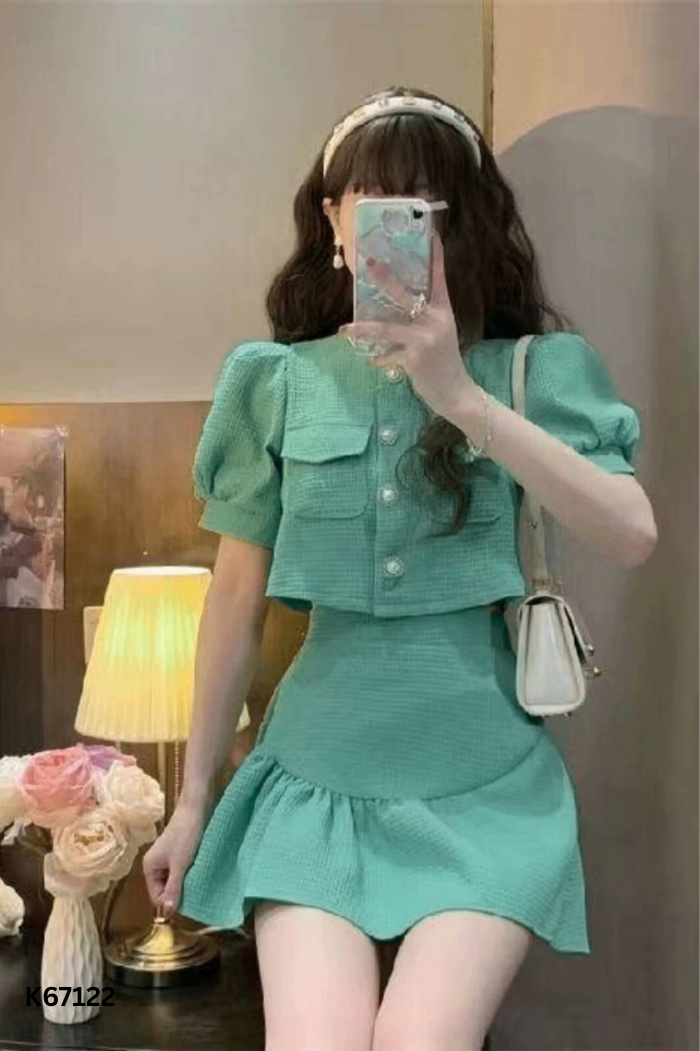SET Áo xanh tay phồng cúc ngọc + chân váy