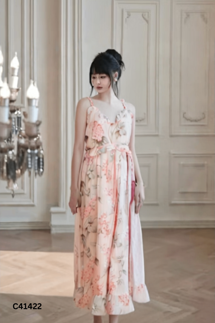 Jumpsuits hai dây hoa hồng cam viền bèo