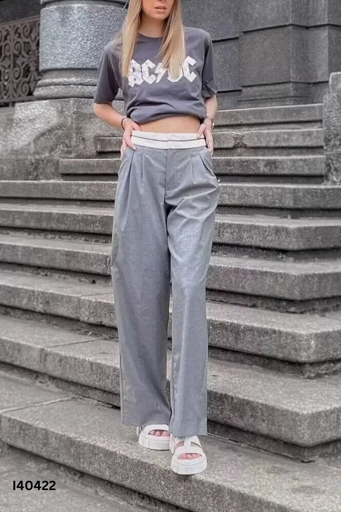 Quần culottes vải xám phối trắng