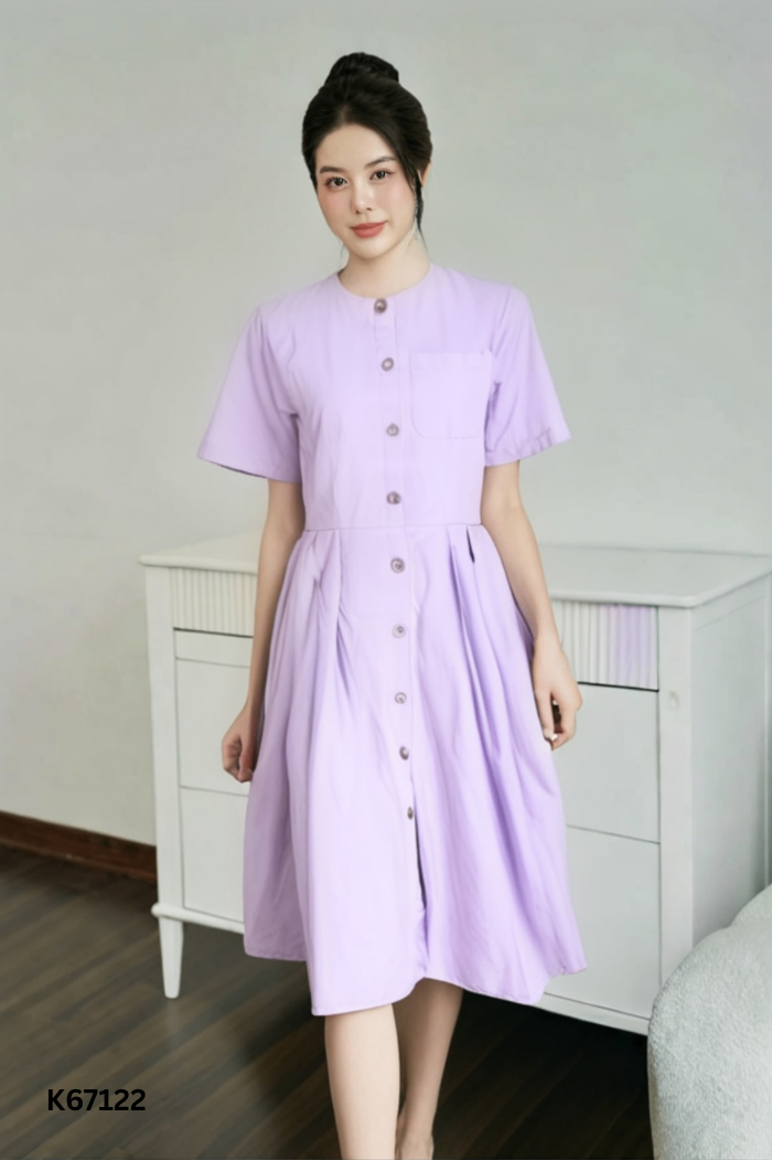 Váy tím phối cúc ly eo