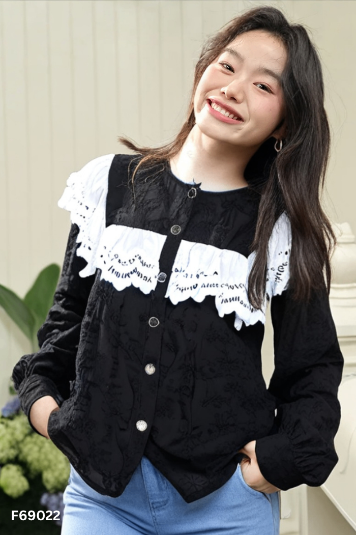 Áo KUOSE sơ mi đen phối trắng