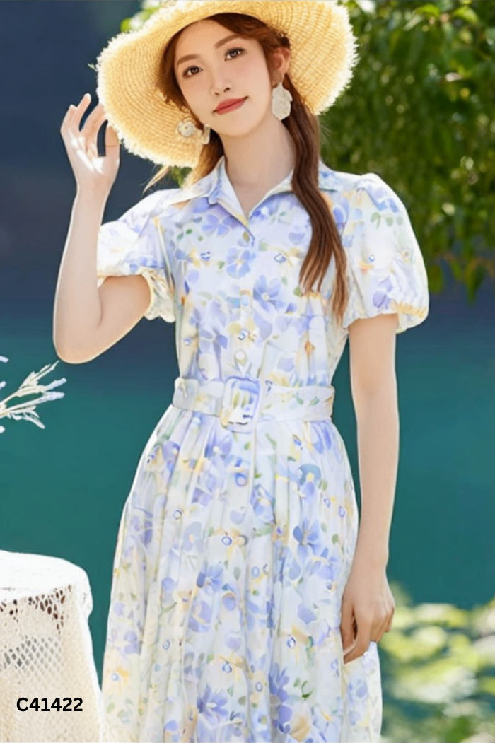 Váy hoa xanh tím cổ sơ mi kèm đai