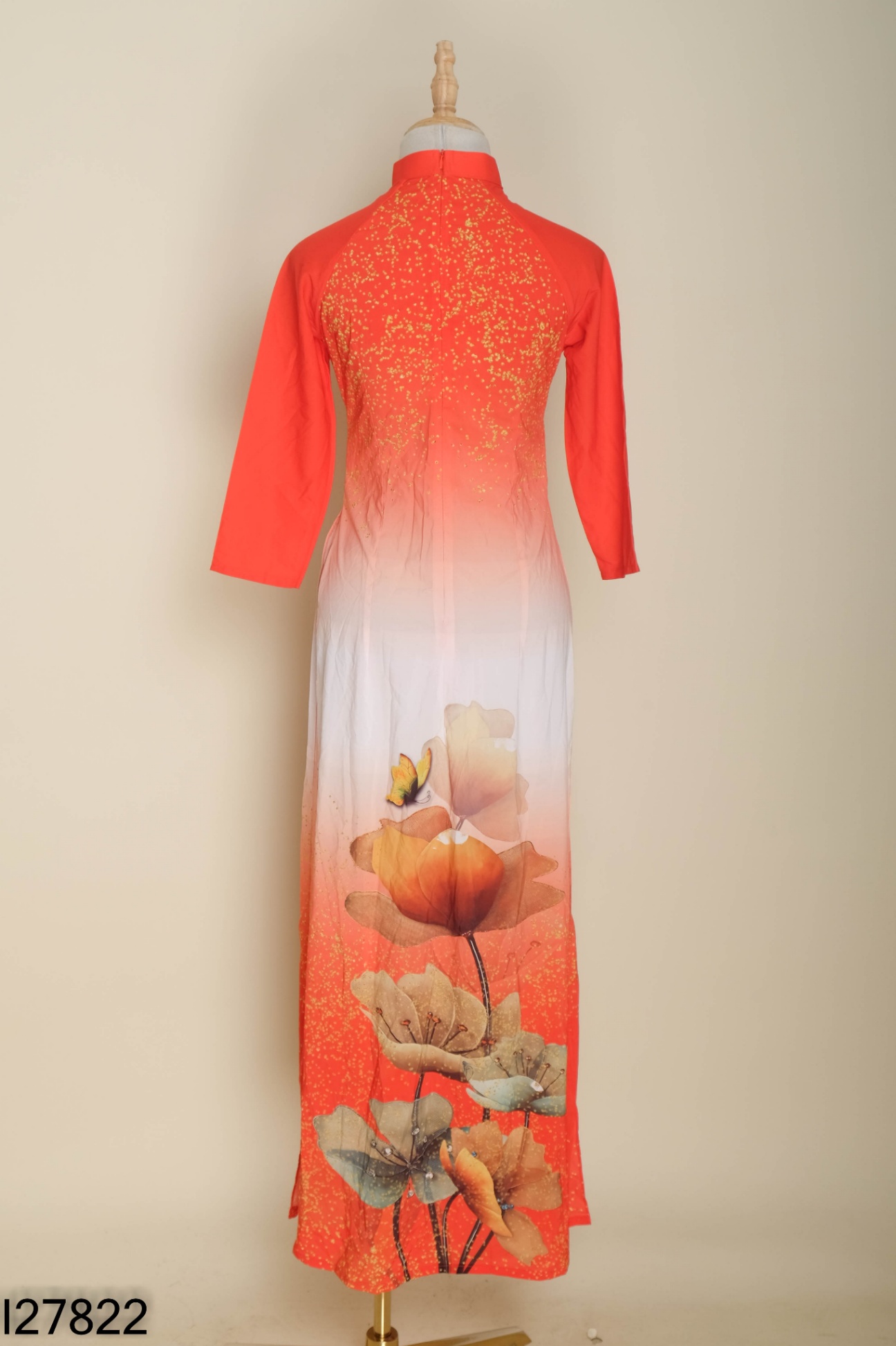 Áo dài H&H LUXURY cam họa tiết vàng
