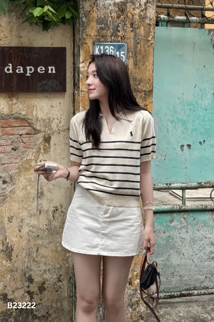 Áo polo be kẻ sọc đen