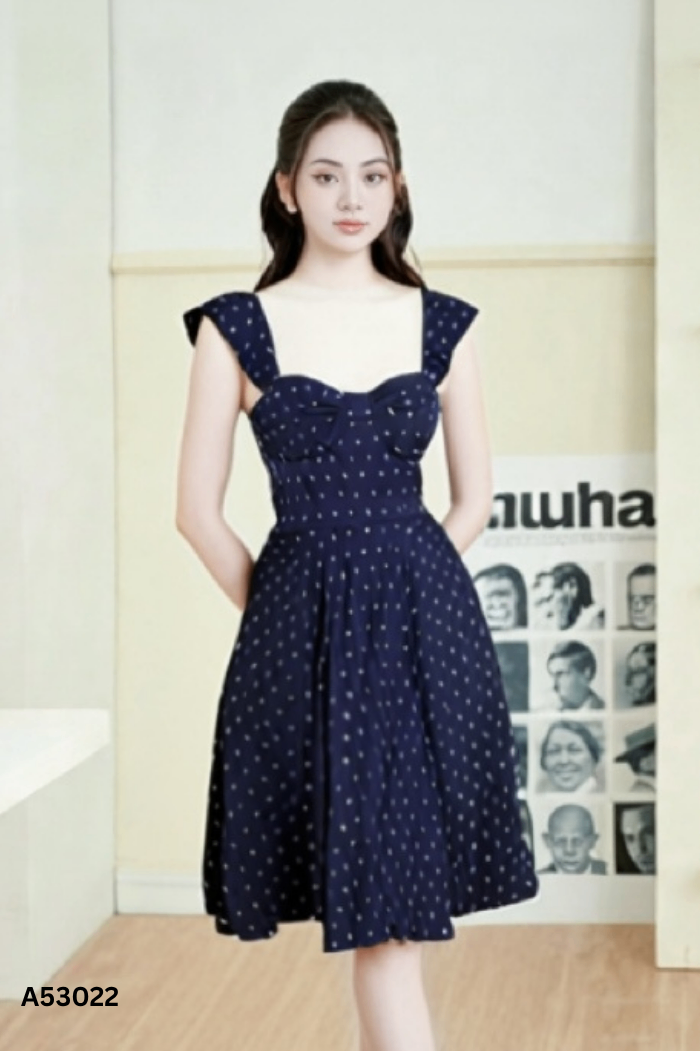 NEWTAG Váy XECOP xanh than chấm bi trắng