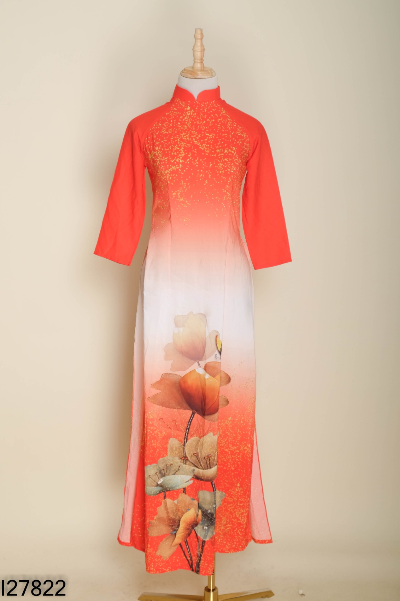 Áo dài H&H LUXURY cam họa tiết vàng