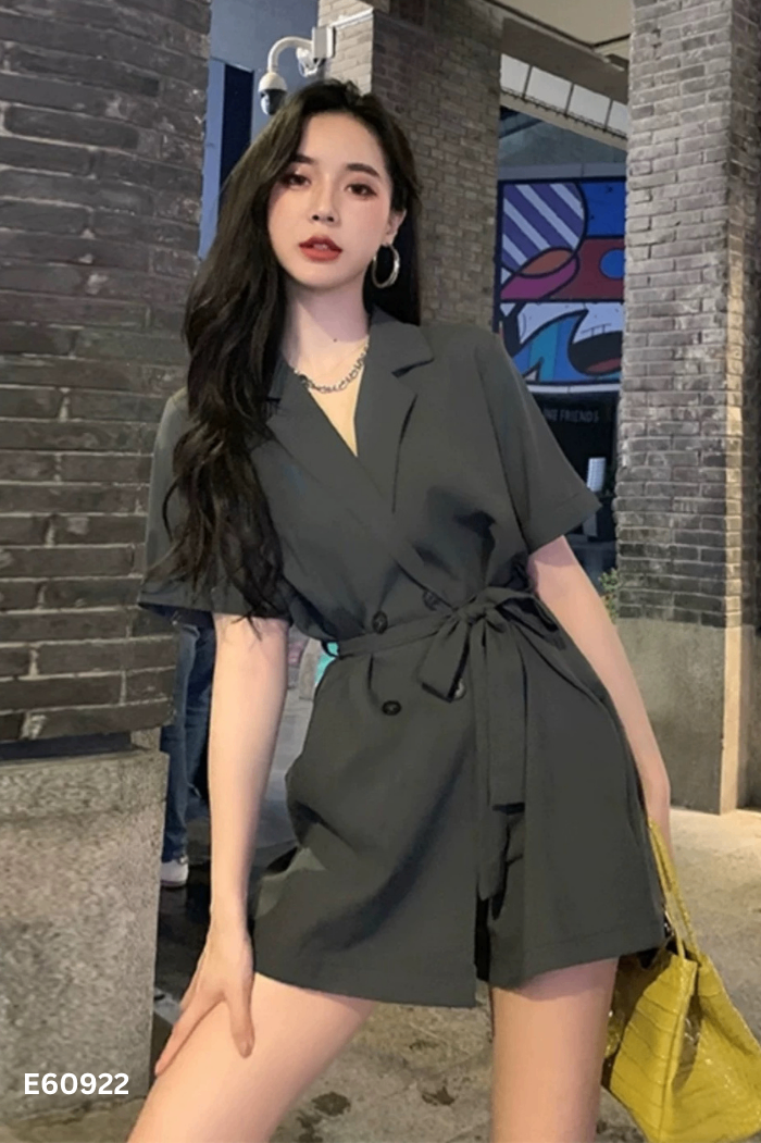 Jumpsuits cổ vest xám kèm đai