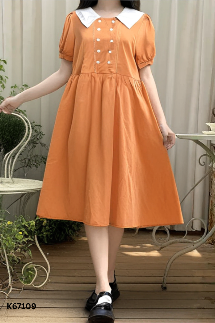Váy babydoll cam nâu phối cổ trắng