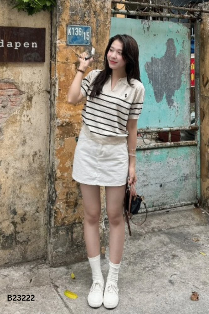 Áo polo be kẻ sọc đen