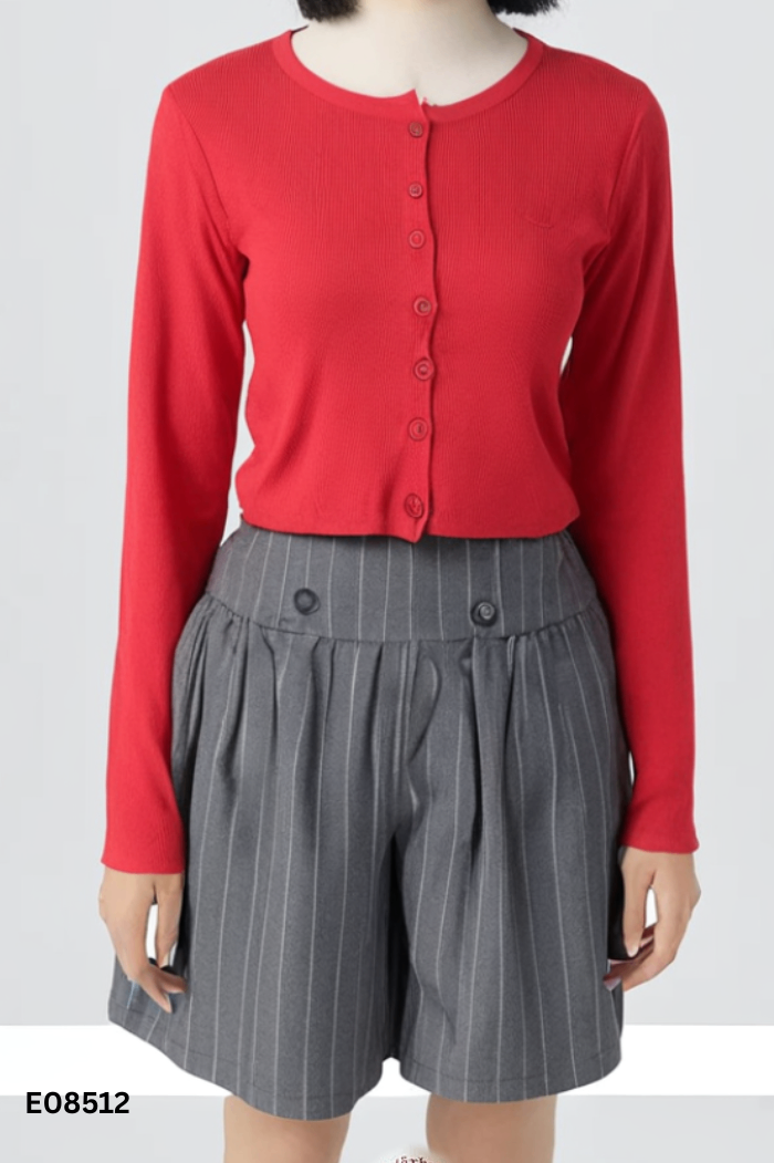 SET Cardigan len đỏ + quần short ghi sọc trắng