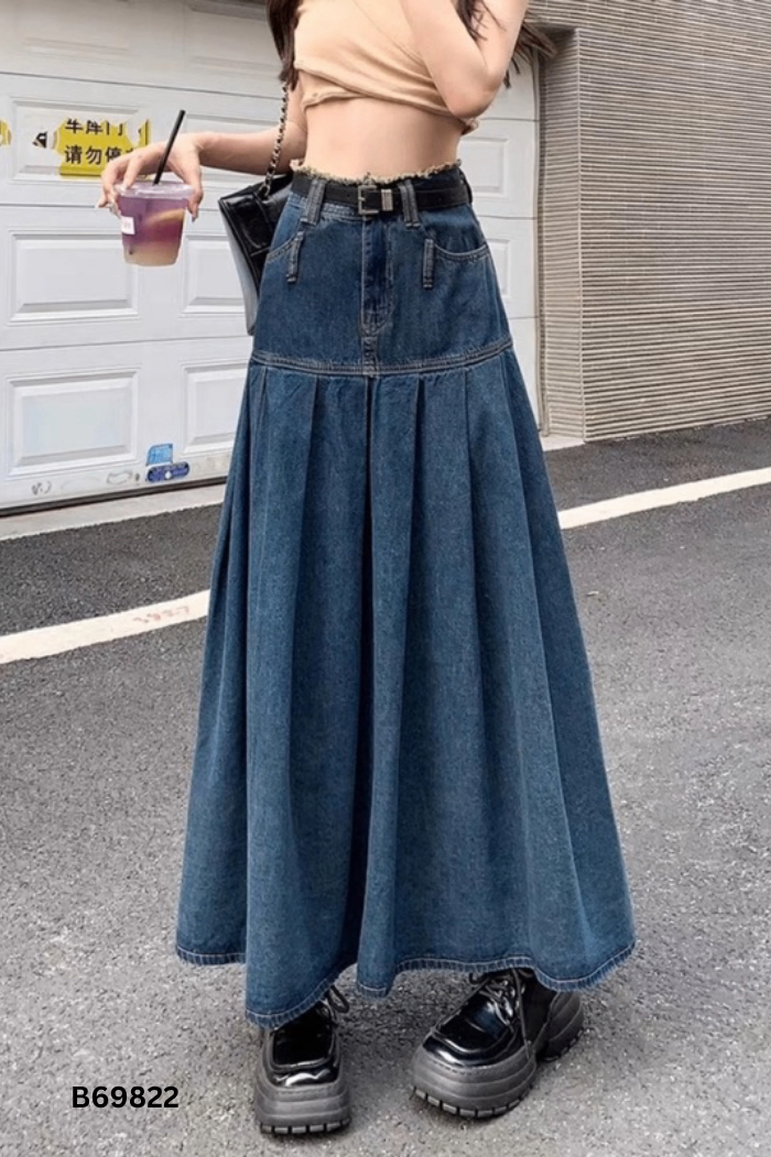 Chân váy jeans xanh tua rua