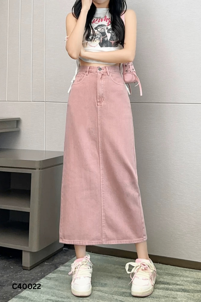 Chân váy jeans hồng nhạt