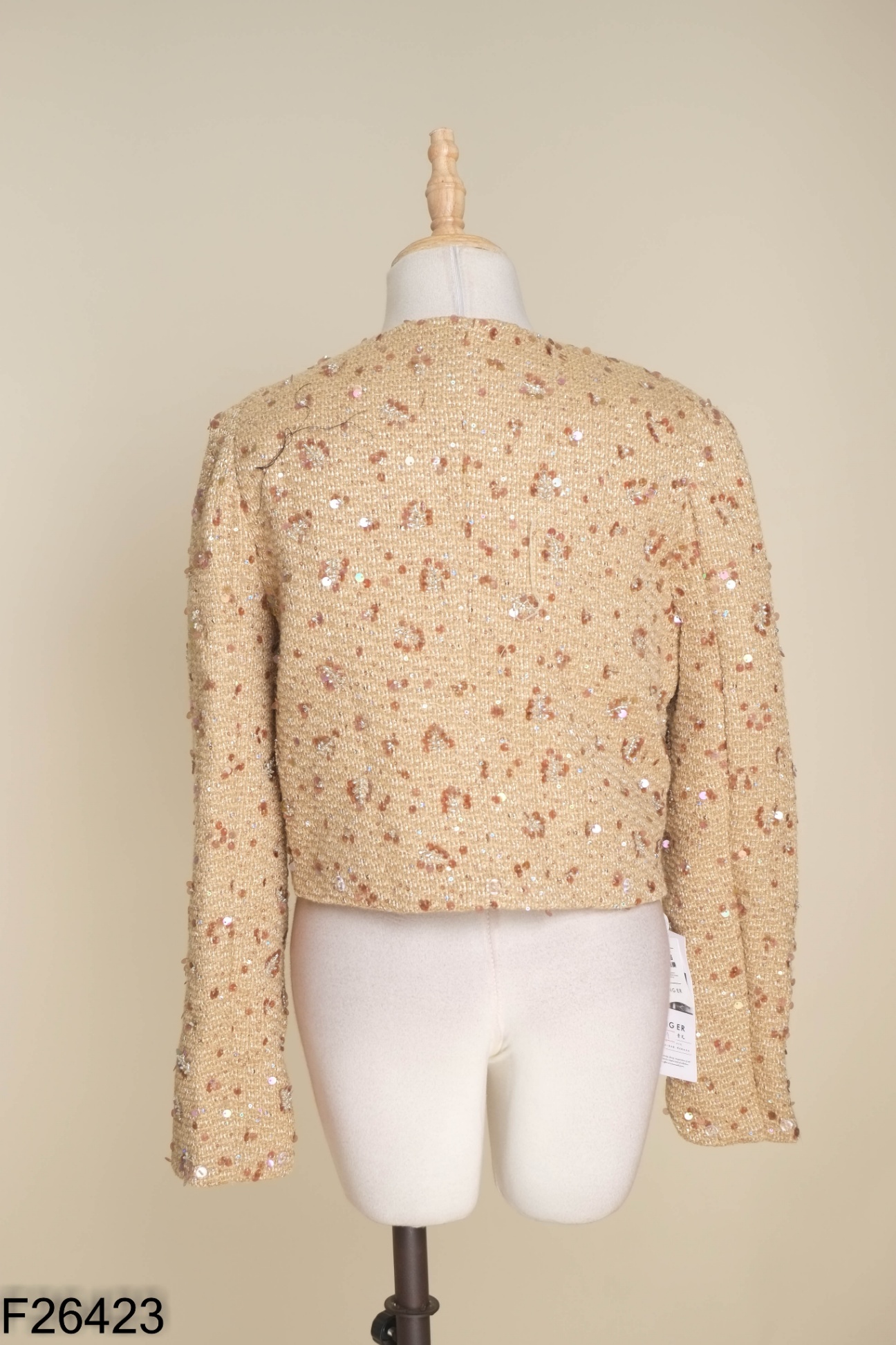 NEWTAG Áo dạ tweed nâu be đính hạt nhỏ