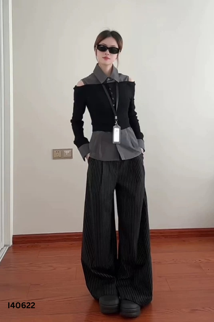NEWTAG Áo xám cổ sơ mi phối đen