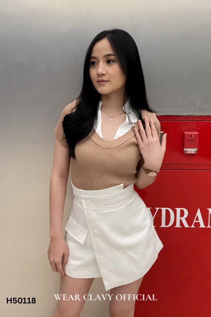 Áo len nâu phối trắng