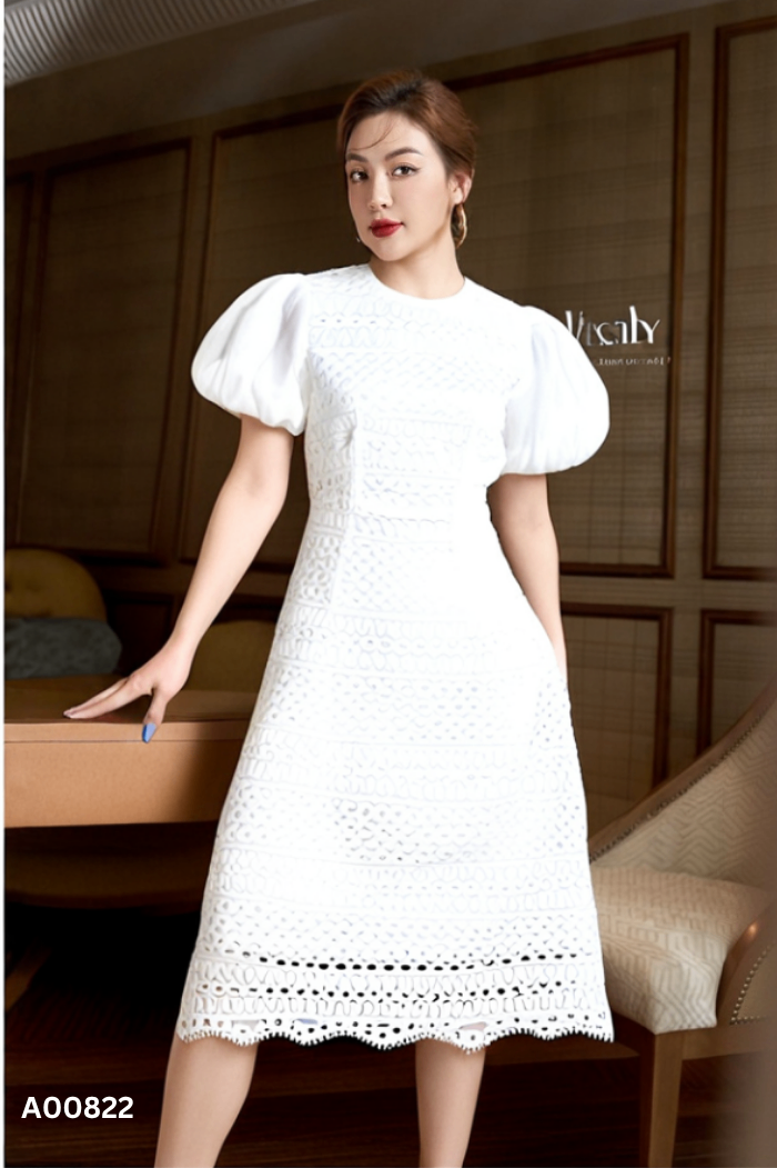 Váy ren trắn CLALA tay voan phồng
