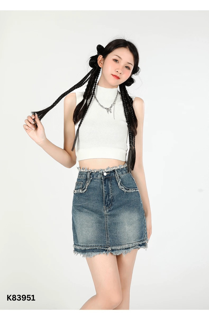 Chân váy jeans xanh tua rua