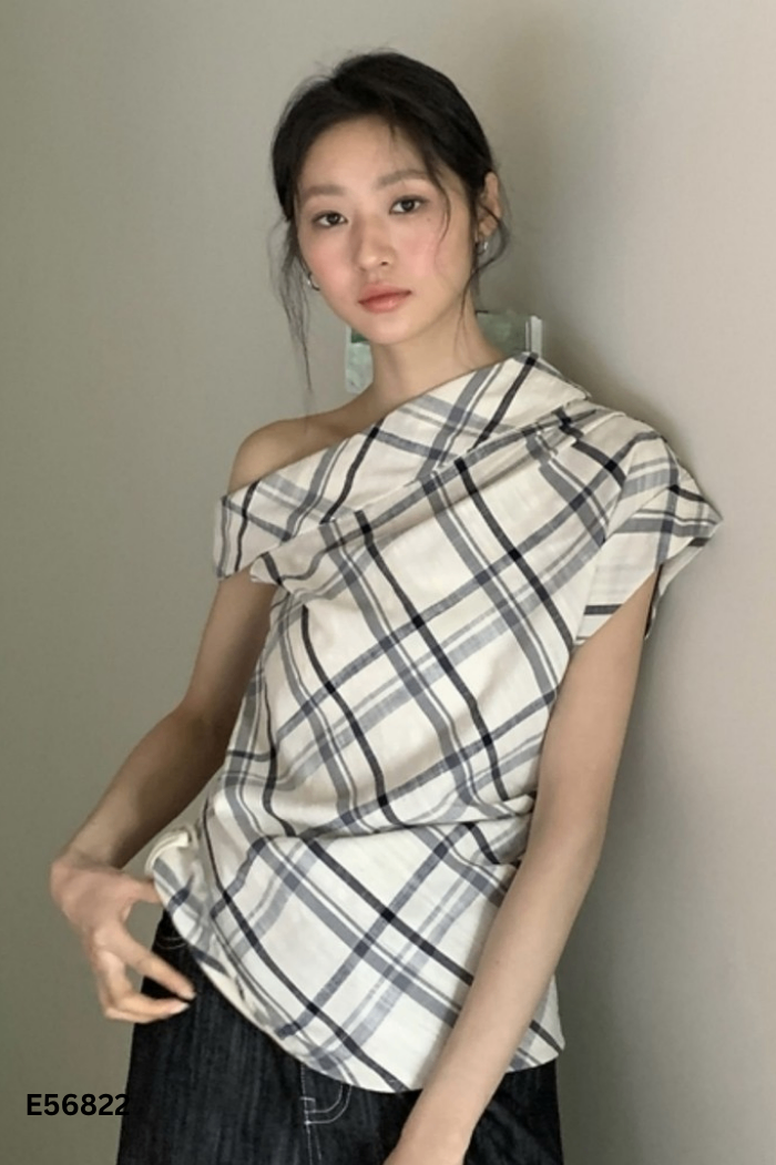 NEWTAG Áo kẻ caro lệch vai
