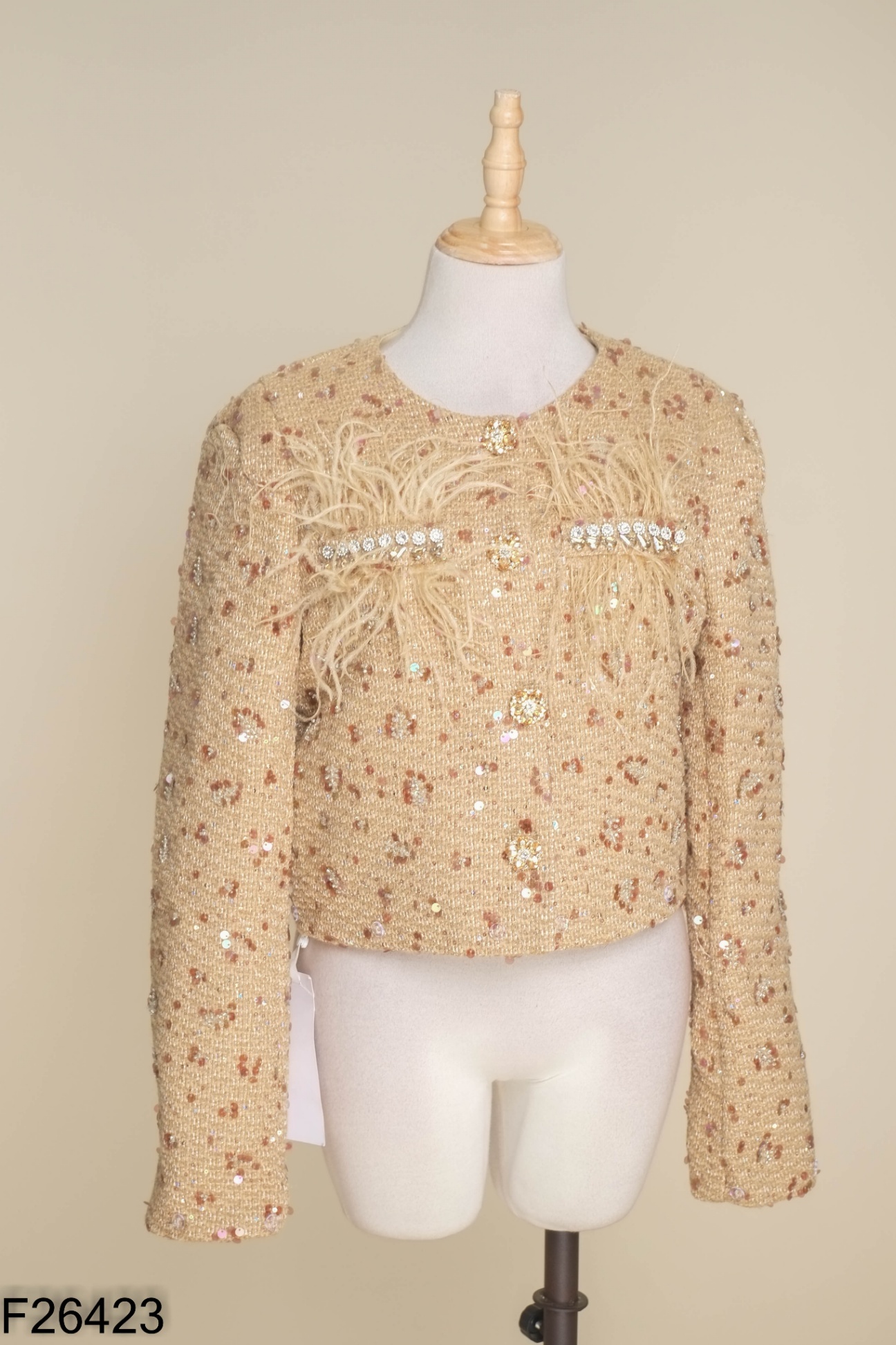 NEWTAG Áo dạ tweed nâu be đính hạt nhỏ