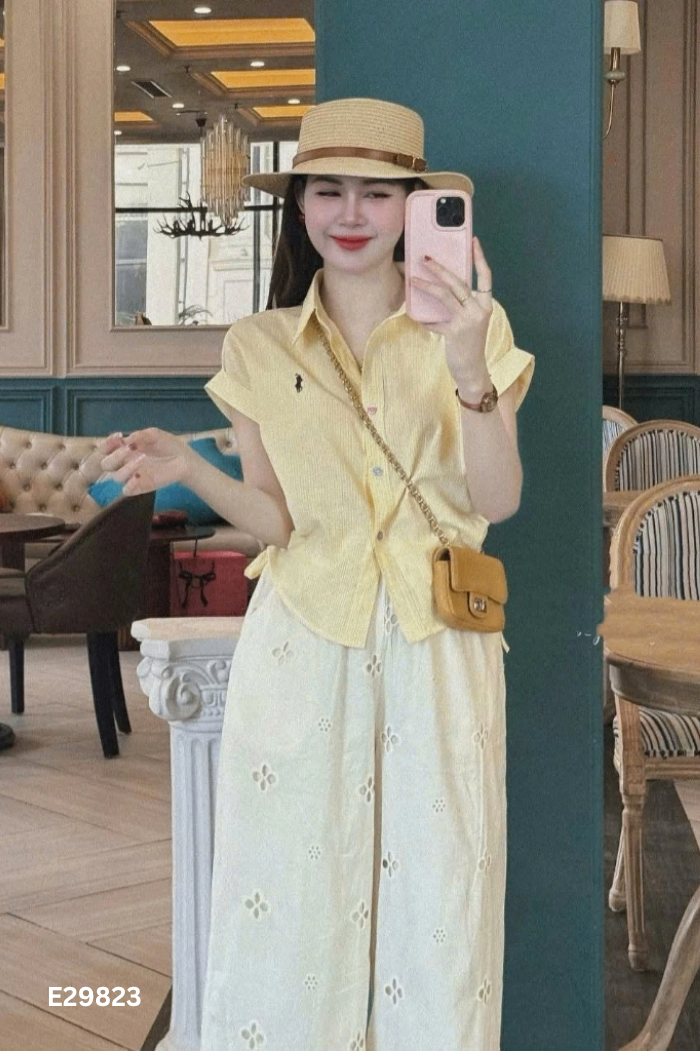 NEWTAG SET Áo sơ mi vàng + quần dài be
