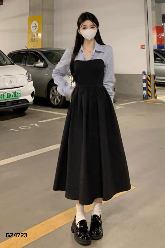 Váy đen phối sơ mi xanh kẻ