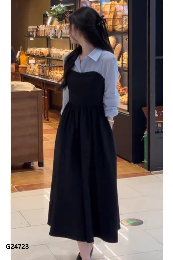 Váy đen phối sơ mi xanh kẻ