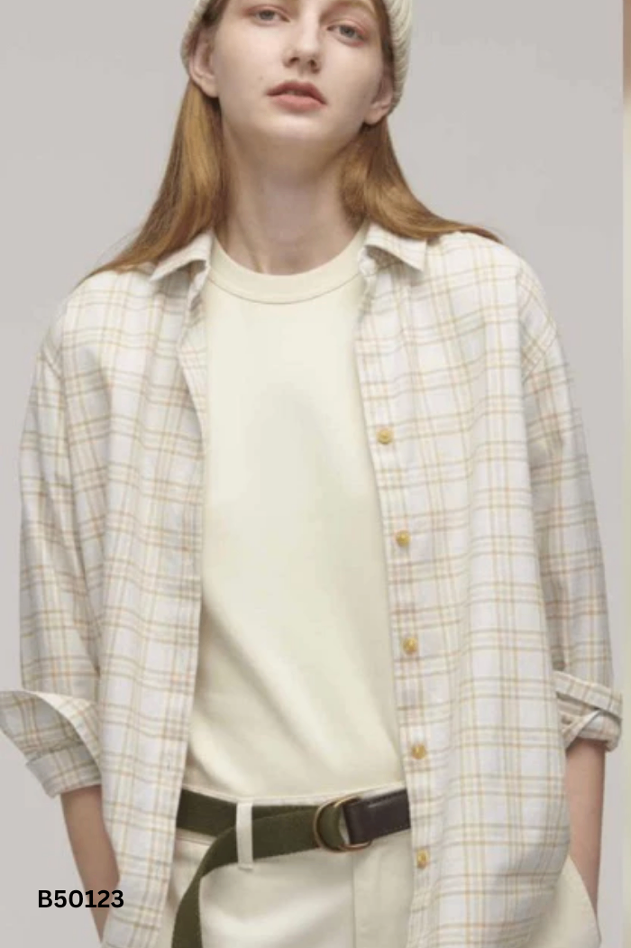 Áo sơ mi UNIQLO xanh be kẻ nâu