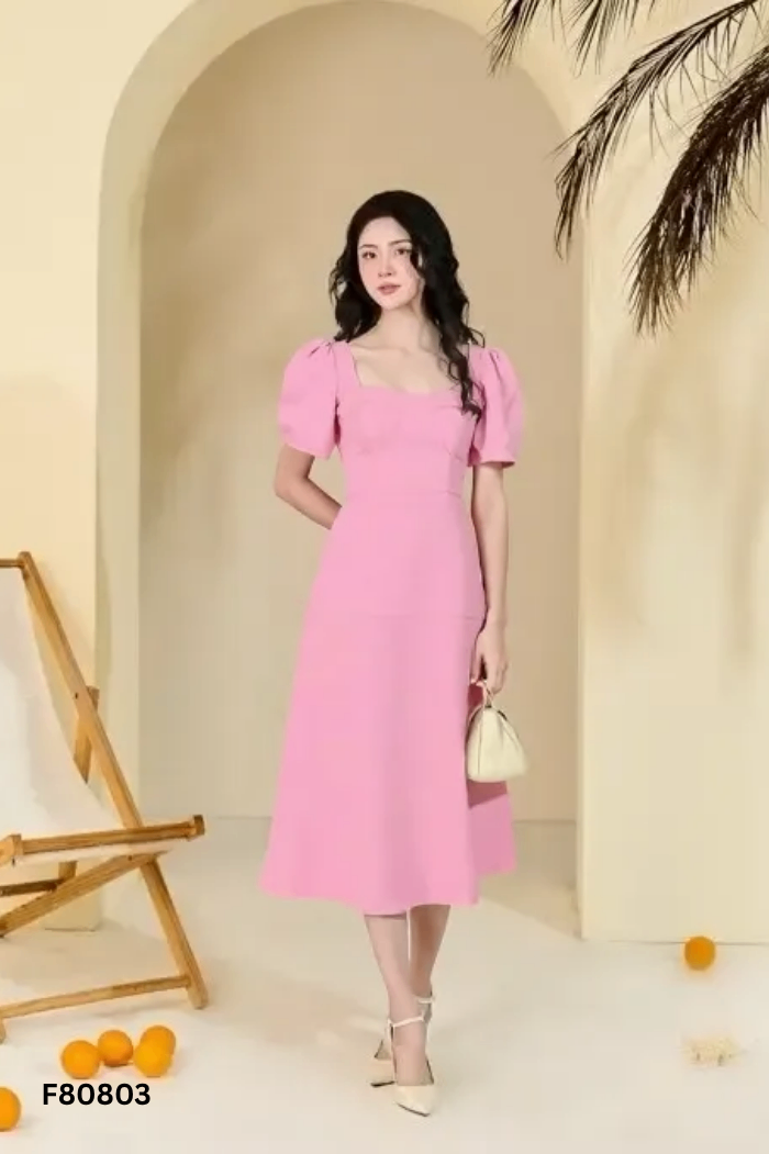 Váy COSY hồng chun ngực tay bồng