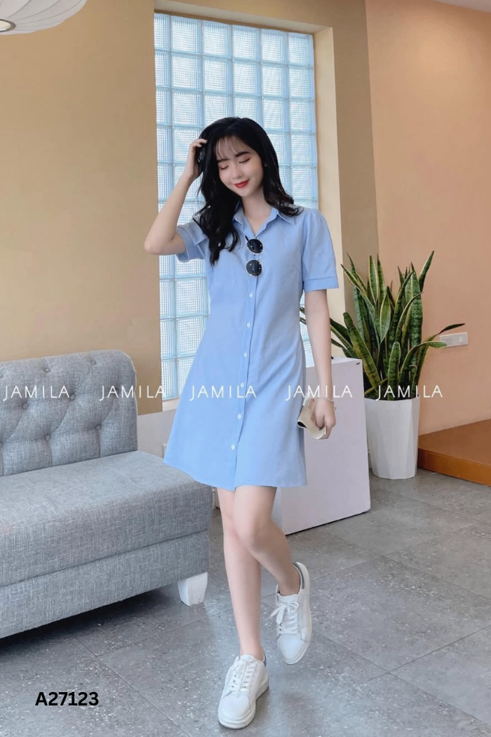 Váy JAMILA xanh cổ sơ mi