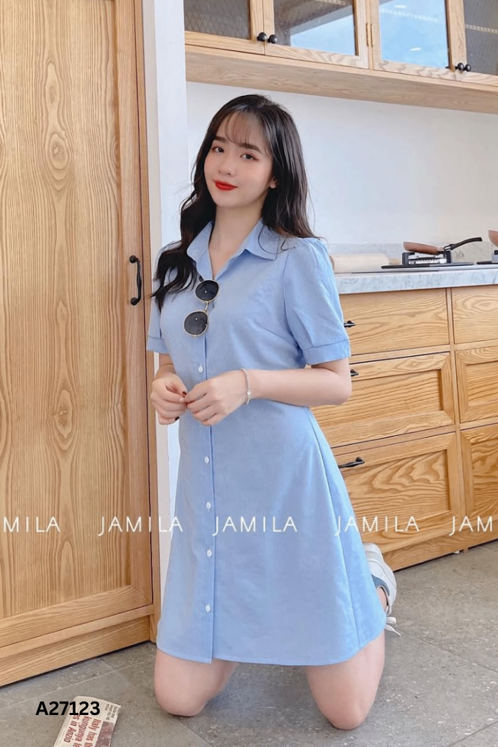 Váy JAMILA xanh cổ sơ mi
