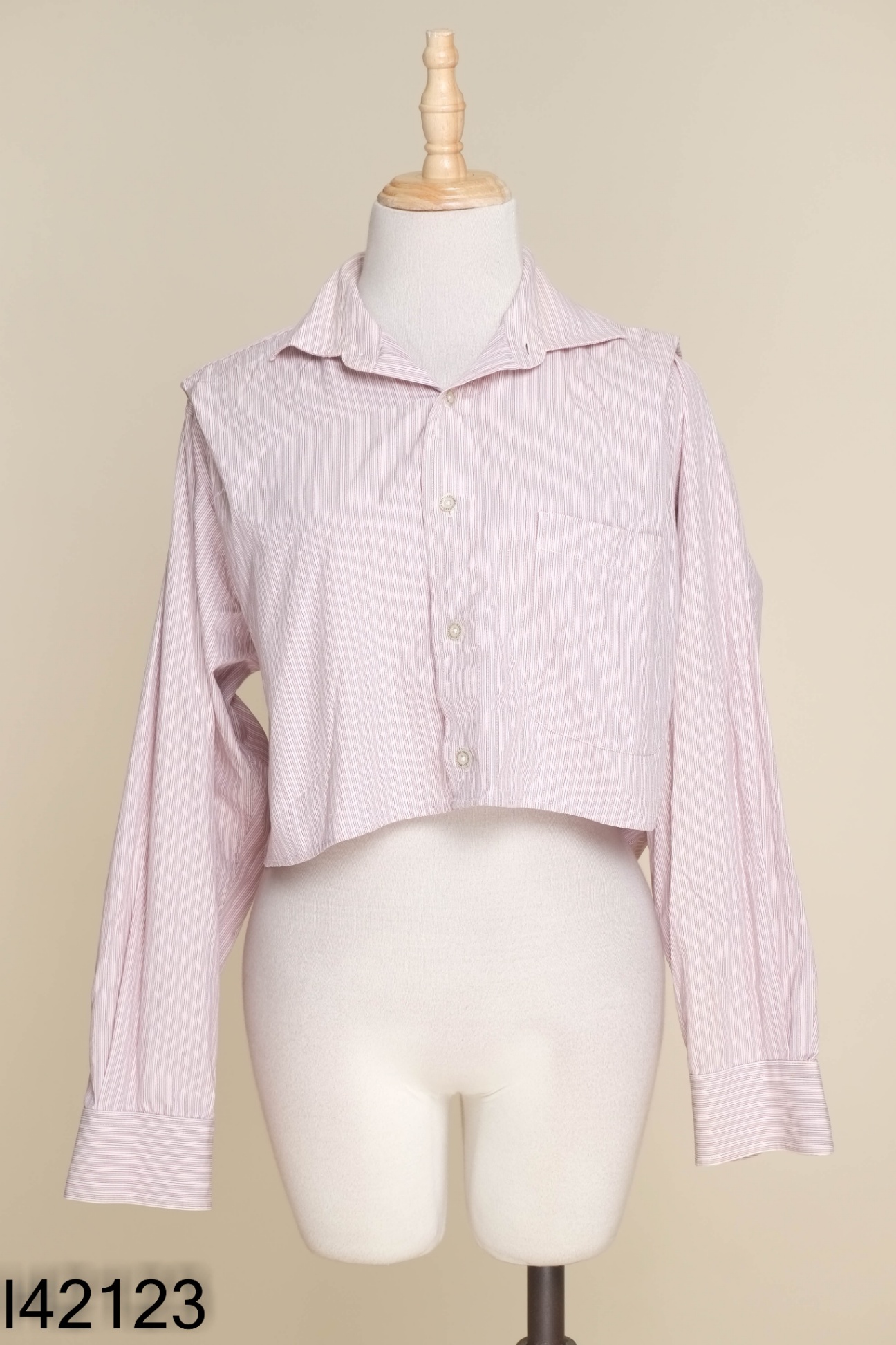 Áo sơ mi croptop hồng kẻ be