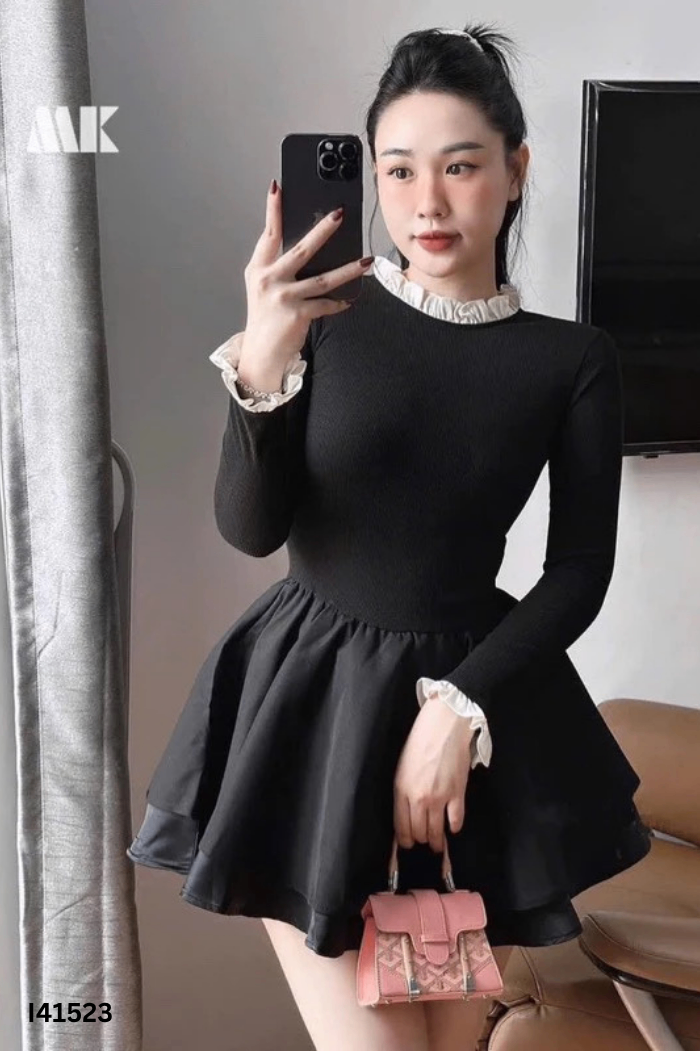 NEWTAG Váy đen phối taffta viền trắng