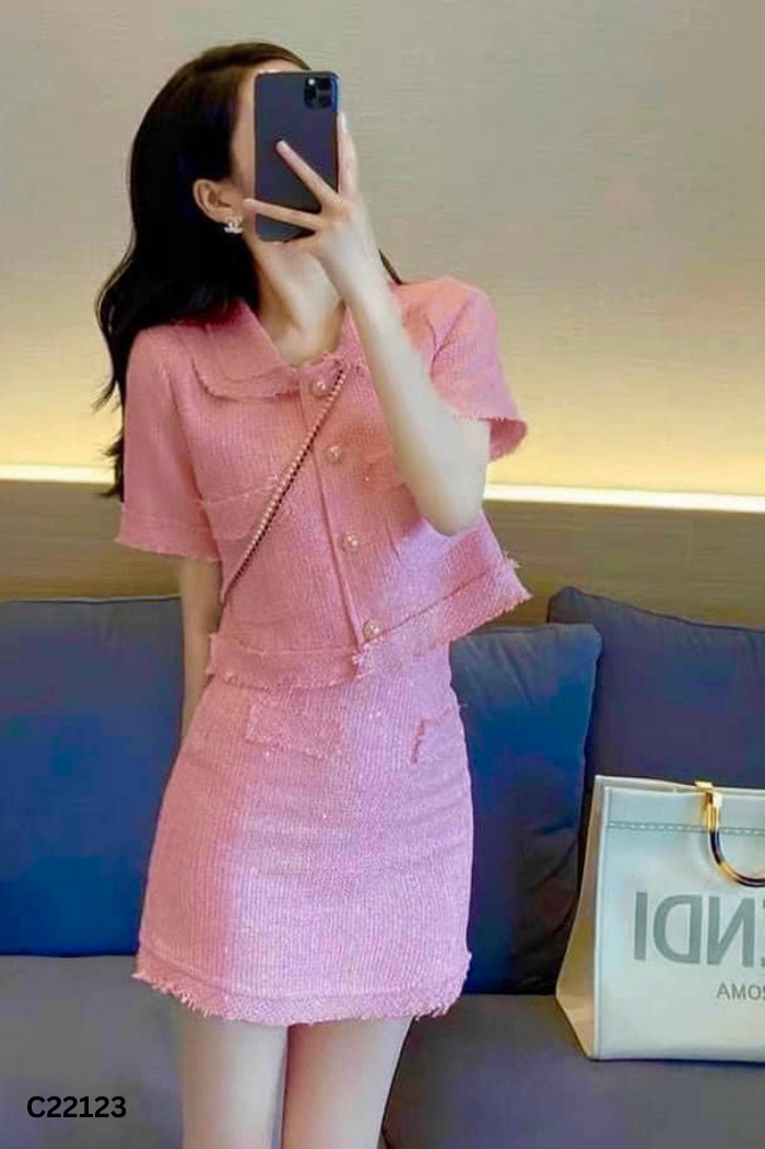 SET Áo dạ tweed hồng cúc ngọc + chân váy