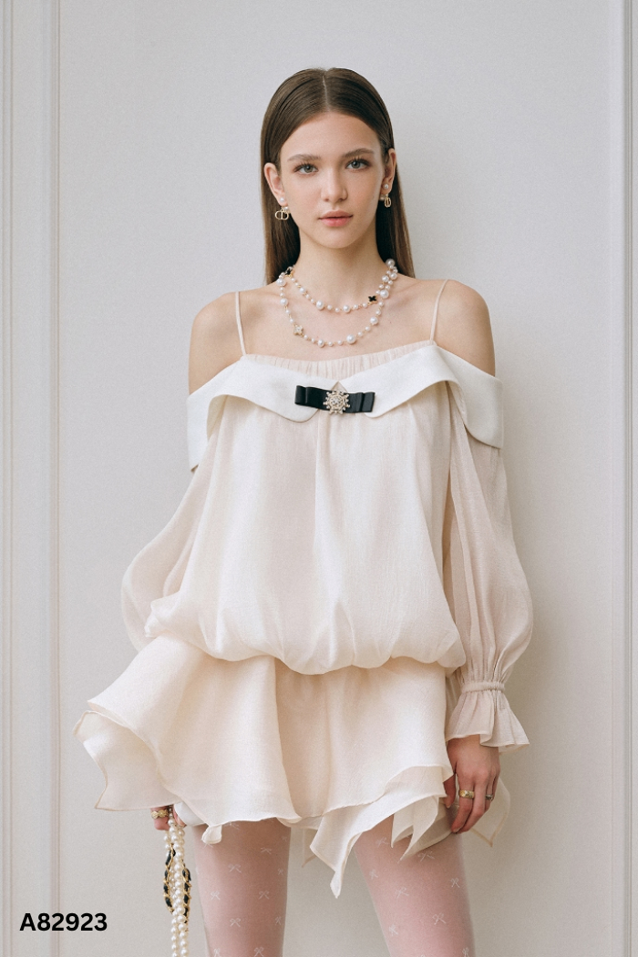 Váy tơ be DARLING.ISM tay phồng + chân váy