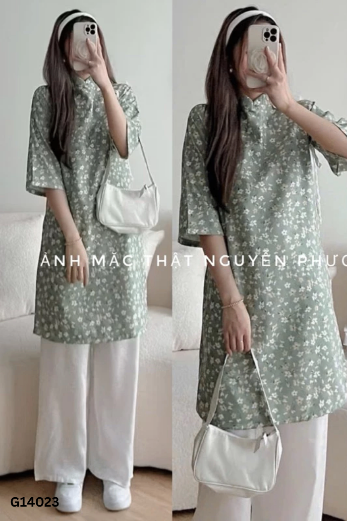 SET Áo dài nhung tăm xanh hoa be + quần lụa trắng