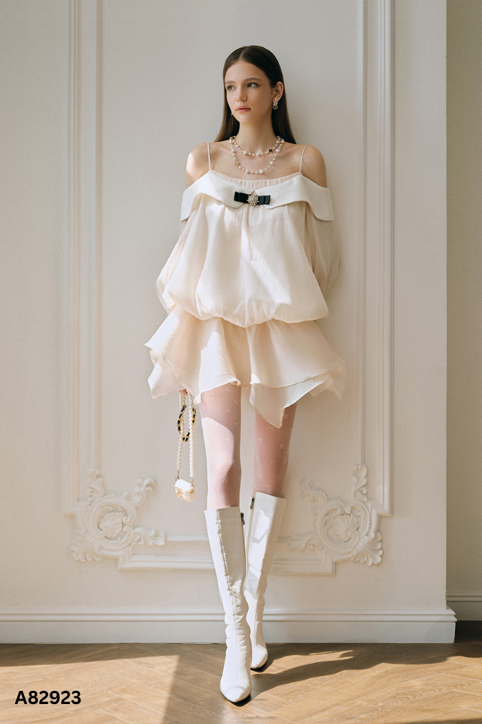 Váy tơ be DARLING.ISM tay phồng + chân váy