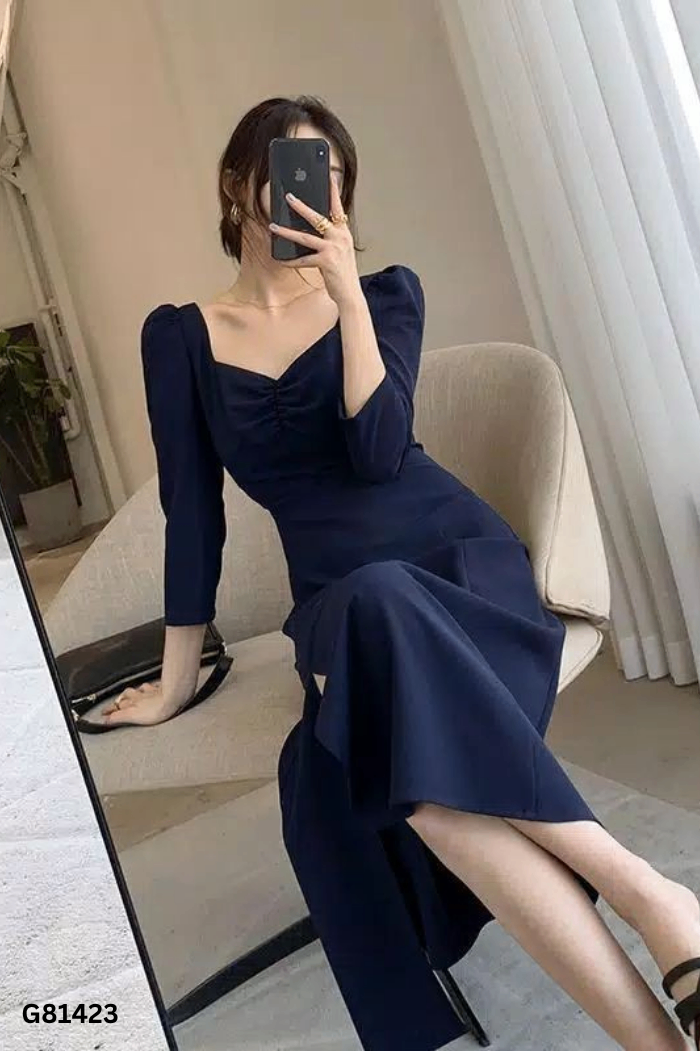 Váy xanh than cổ vuông dúm ngực