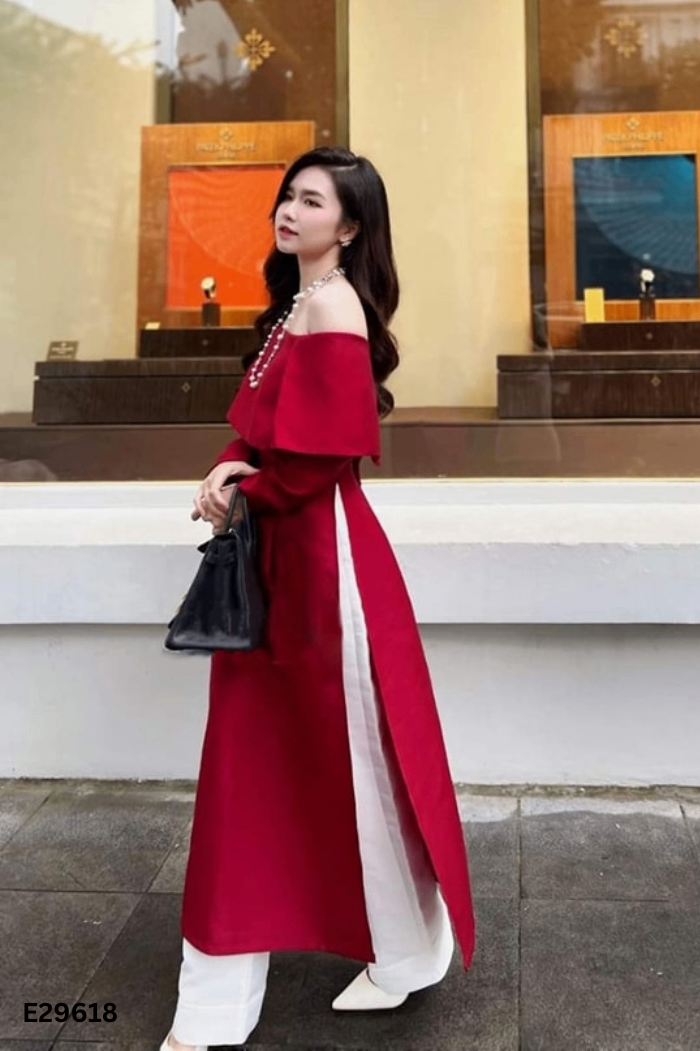 NEWTAG Set Áo dài đỏ ME DESIGN trễ vai + quần trắng
