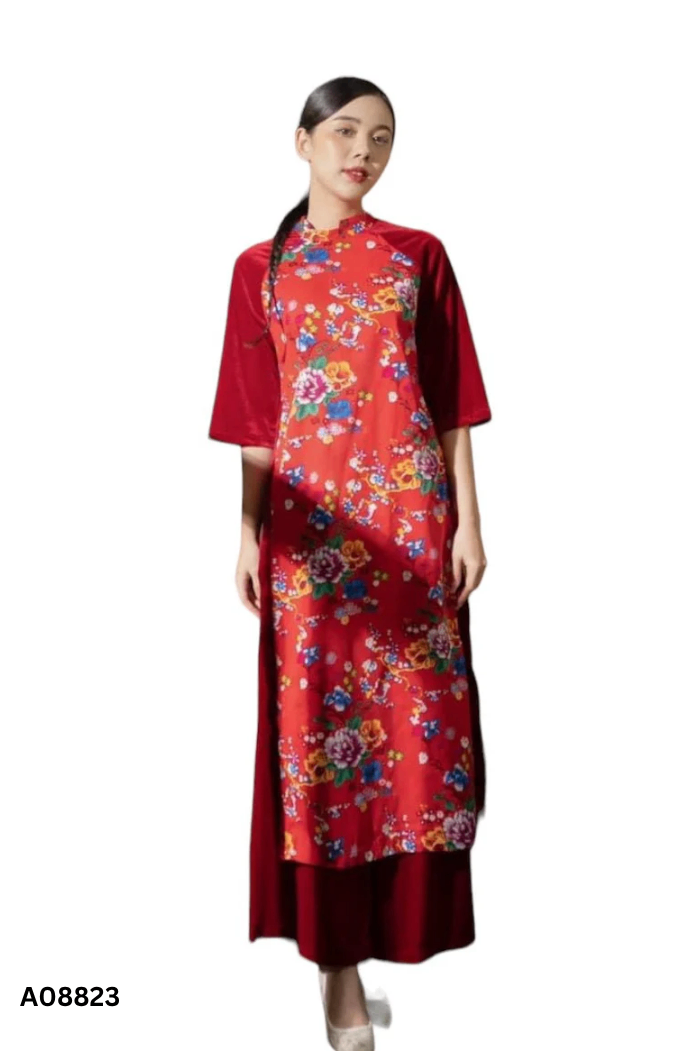 SET Áo dài đỏ + quần nhung KIDS