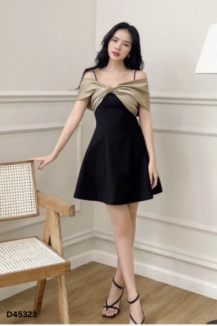 Váy D'MAIMER hai dây đen phối nơ nâu