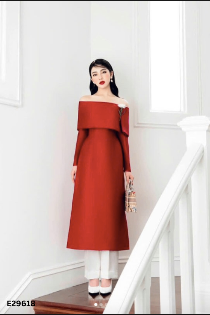 NEWTAG Set Áo dài đỏ ME DESIGN trễ vai + quần trắng