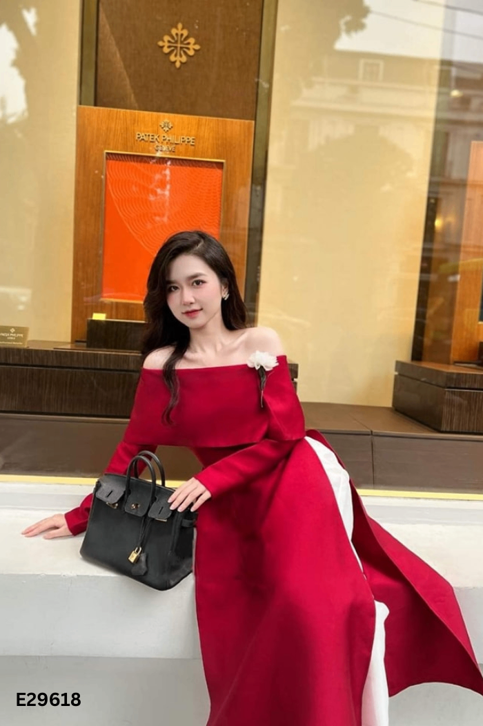 NEWTAG Set Áo dài đỏ ME DESIGN trễ vai + quần trắng