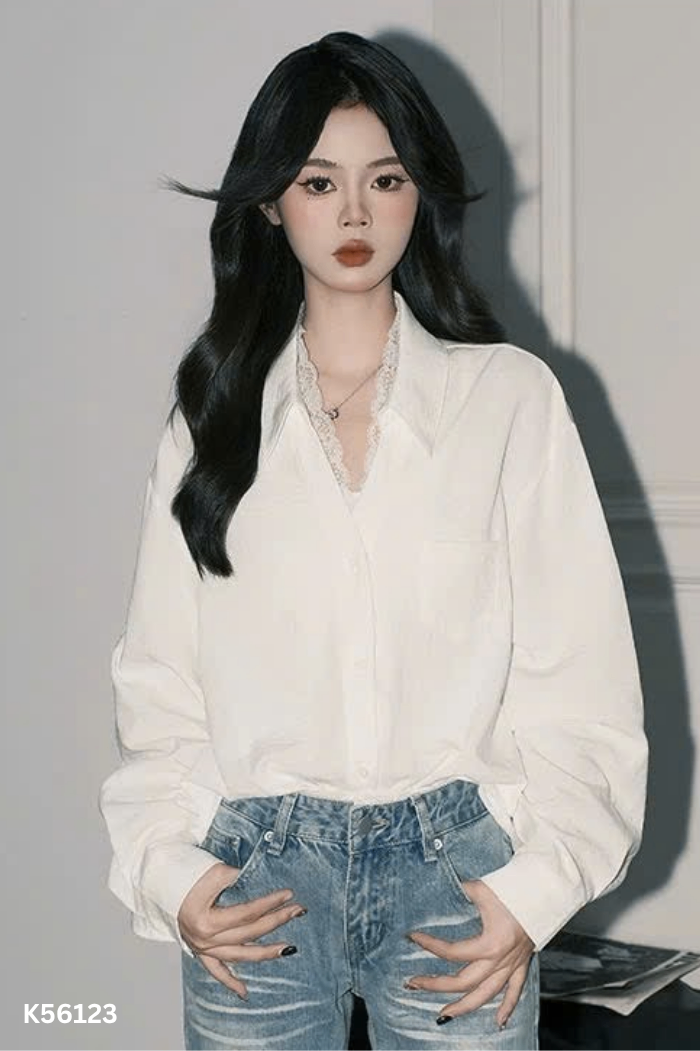 Áo sơ mi trắng lấp lánh phối ren