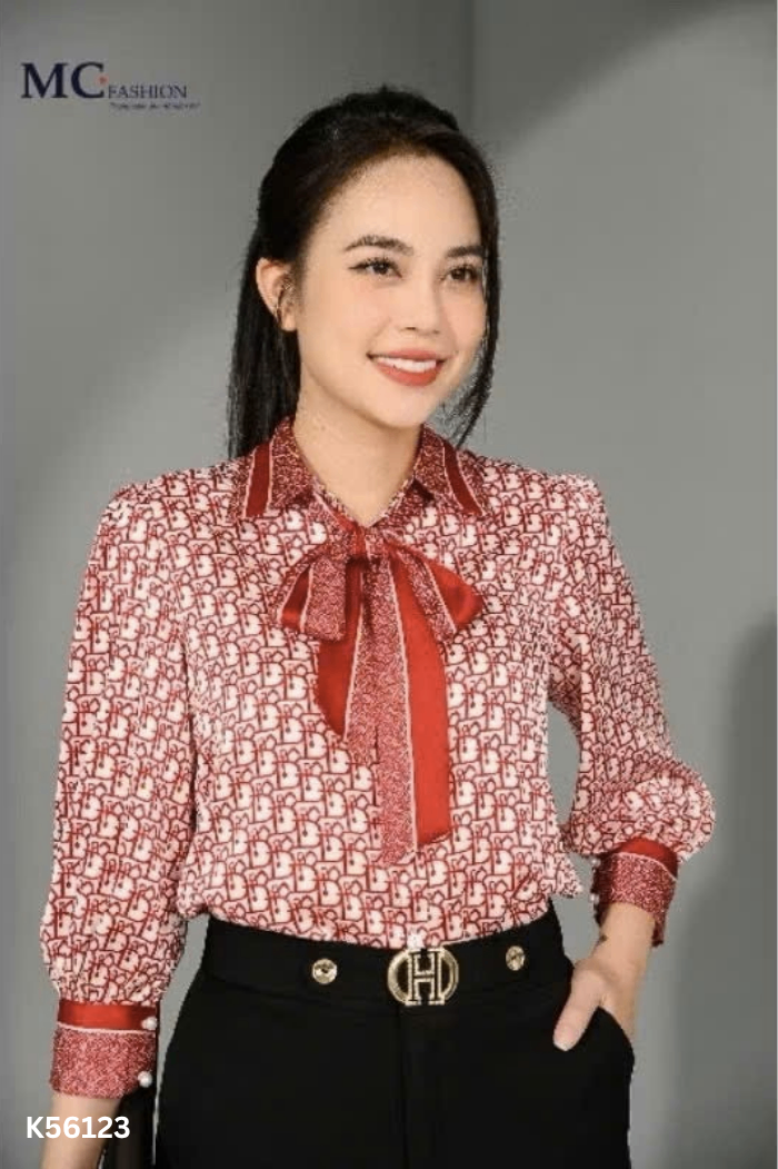 Áo MINADY lụa đỏ phối be