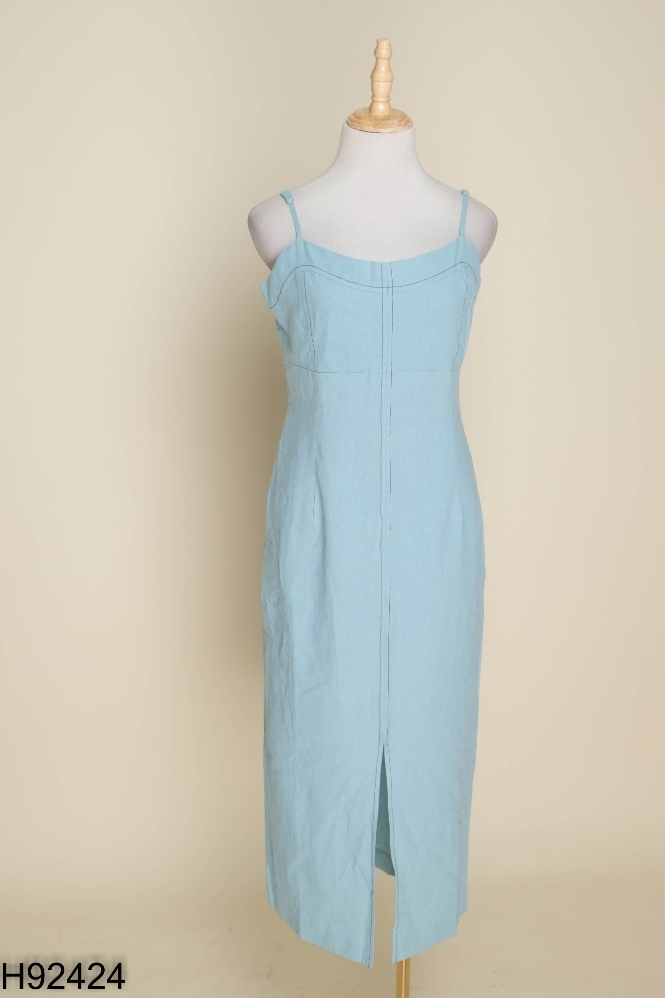 NEWAG Váy hai dây linen xanh viền chỉ