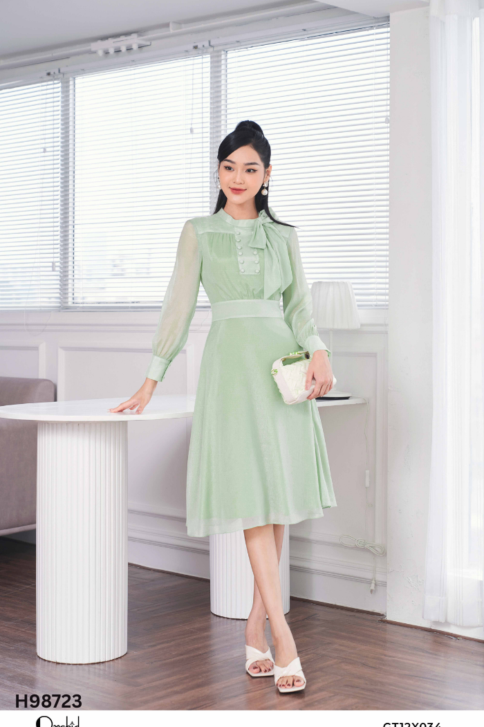 Váy voan xanh ORCHID thắt nơ