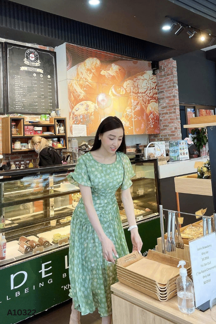NEWTAG Váy voan xanh hoạ tiết