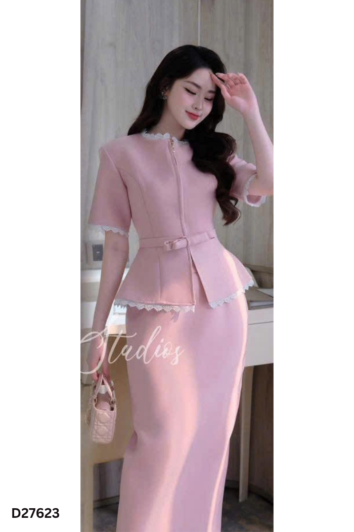 SET RICCI Áo hồng viền ren + chân váy
